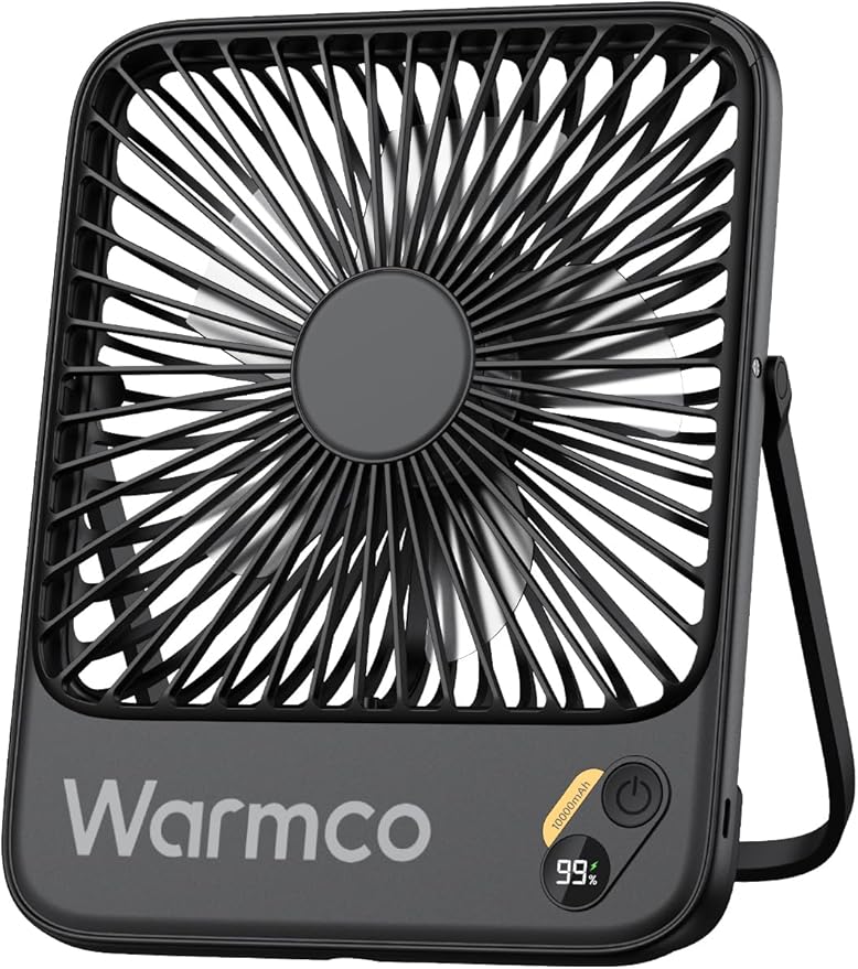 Warmco 10000mAh Portable Travel Fan 7-inch, Max 24H Runtime, Ultra-thin Quiet Rechargeable Battery Operated Desk Fan with Digital Display for Camping, Office, Bedroom, Cruise Essentials