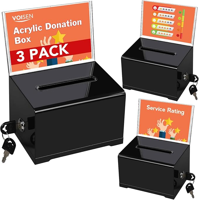 VOISEN Acrylic Donation Box with Lock, 3 Pack Black Ballot Box with Sign Holder, Tip Jar for Fundraising, Donation, Bar, School Voting, 6.2x4.6x3.9 Inch
