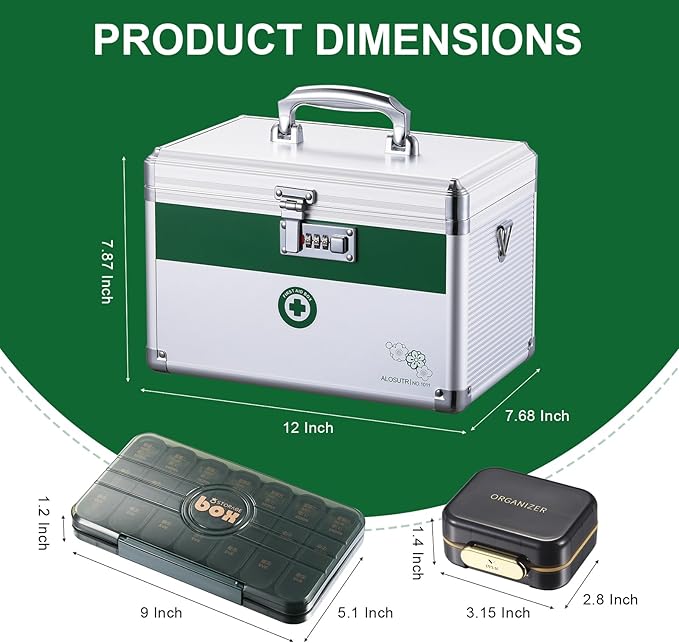 Medication Lock Box with Combination Lock, 12 x7.6 x7.8 inches - Medium, Medical Box Organizer