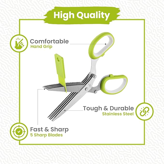 5-Blade Stainless Steel Herb Scissors Set with Vegetable Peeler, Shredder & Cleaning Comb – Multi-Use Herb Stripper for Chopping, Slicing, Shredding Kale and Fresh Herbs