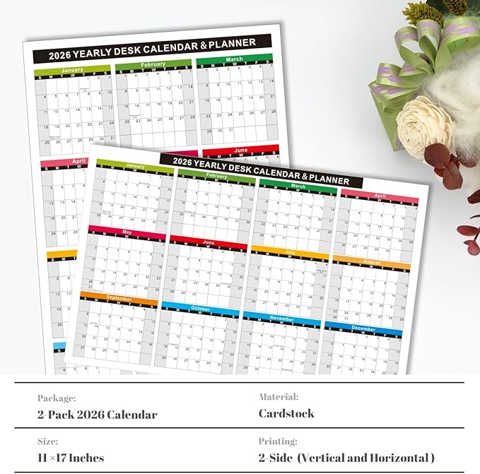 2-Pack 2026 Wall Desk Calendar 11x17 Inch, Reversible 2-Sided Horizontal or Vertical, 12 Month with Generous Block Space & Holidays Marked for Office, Home, School (Thick Cardstock)