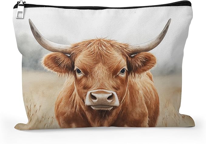 Cafl Majestic Highland Cow Makeup Bag for Women Large Capacity Make Up Bag Portable Travel Cosmetic Bag Toiletry Pouch Organizer 10 * 8inch