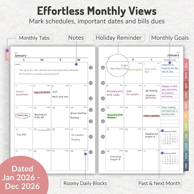 2026 Weekly & Monthly Planner Refills for A5 7-Ring Binders, Jan 2026 - Dec 2026, Forvencer 7-Hole Punched Planner Inserts with Colorful Monthly Tabs, Small Calendar Organizers, 5-3/4" x 8-1/4"