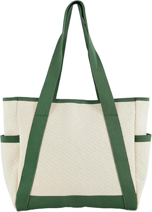 Large Canvas Tote Bag,White and Green, with Laptop Sleeve and Multiple Pockets