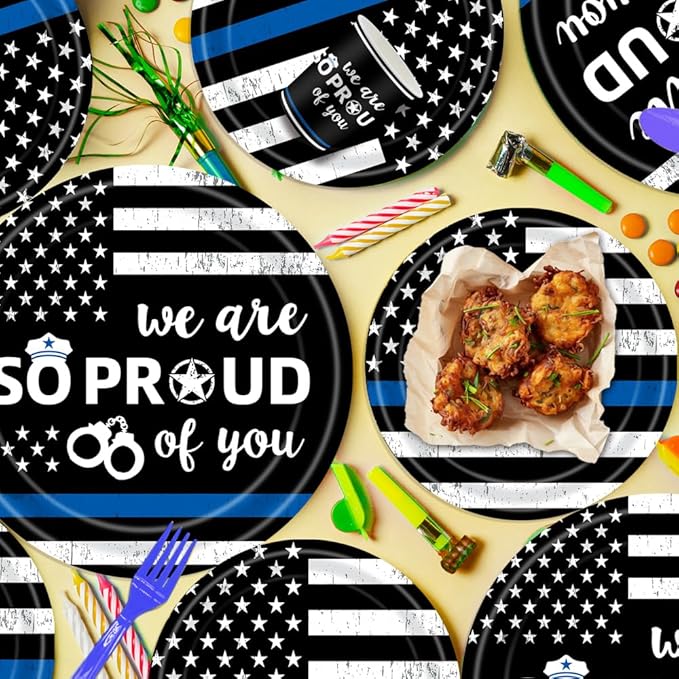 142Pcs Police Academy Graduate Party Supplies We Are So Proud Of You Police Theme Plates and Napkins Congrats Officer Party Decorations for Police Retirement Grad Graduation Promotion Party Serves 24