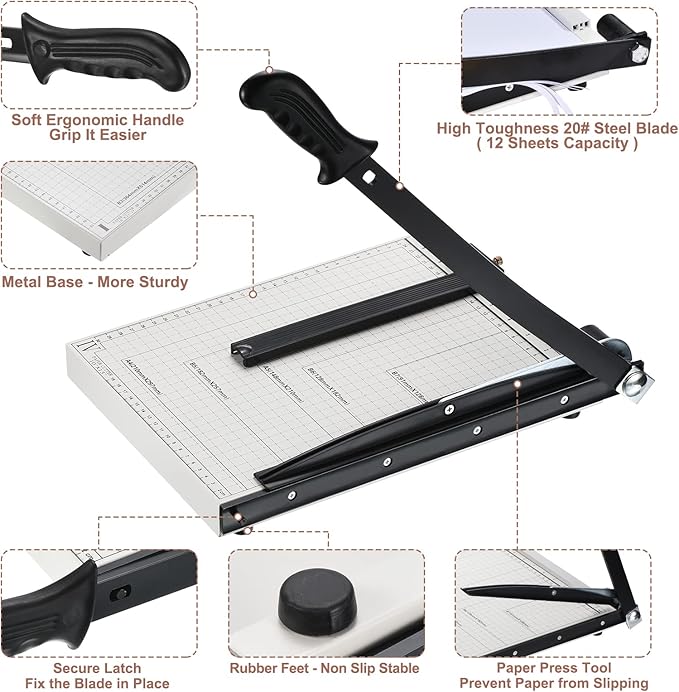 PATIKIL Paper Cutter A4 Stack Paper Trimmer for Cardstock, 12" Cutting Length, Guard Rail Paper Press Tool, Adjustable Guide, Metal Base, 12-Sheets Capacity, Paper Slicer for Office, Home