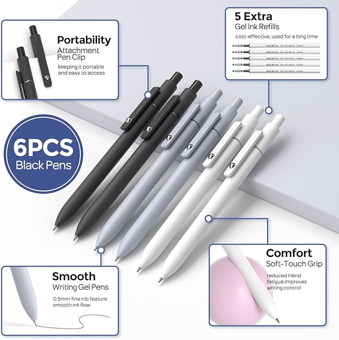 Nicpro 50 PCS School Supplies Stationary Set with Pencil Case - 6 Gel Pens & Refills, 12 Highlighters, 6 Art Mechanical Pencil Set, 12 Tube lead Refills for College Essentials Office Stationery -Black