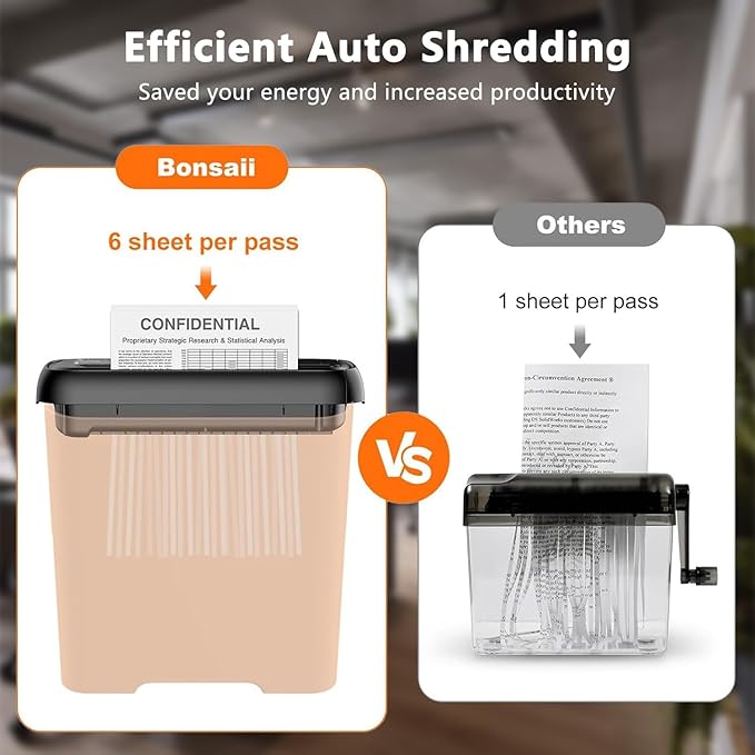 Bonsaii 6-Sheet Paper Shredder for Home Office, Portable Compact Design with Extendable Handle & Overheat Protection, 2.4 Gal Wastebasket