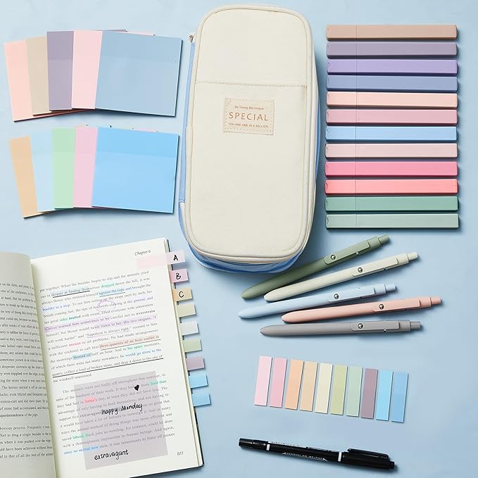 Jutom 39 Pcs Aesthetic Book Annotation Kit Highlighter with Pencil Case Bag Gel Pen Transparent Sticky Note Taking Bible Study College School Supplies(Light Blue,Cute Style)