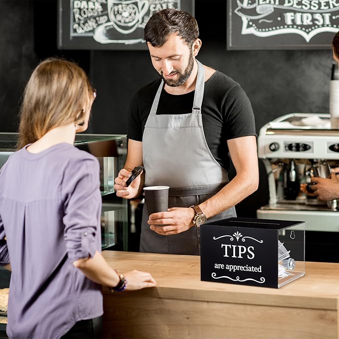 Vesici Tip Jars for Money 6 x 4 x 5 Inch Acrylic Tip Collection Box with Lock Donation Suggestion Box for Tip Storage Container Raffling Box for Bartender Bars, Musicians Restaurants Driver