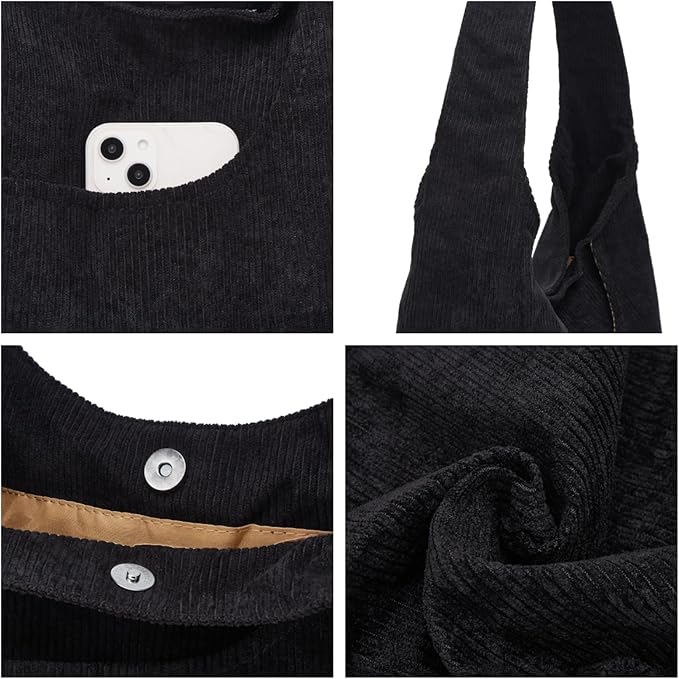 Corduroy Tote Bag Unisex Retro Handbag Multi Pocket Shoulder Work College Satchel Compartment Messenger Purse