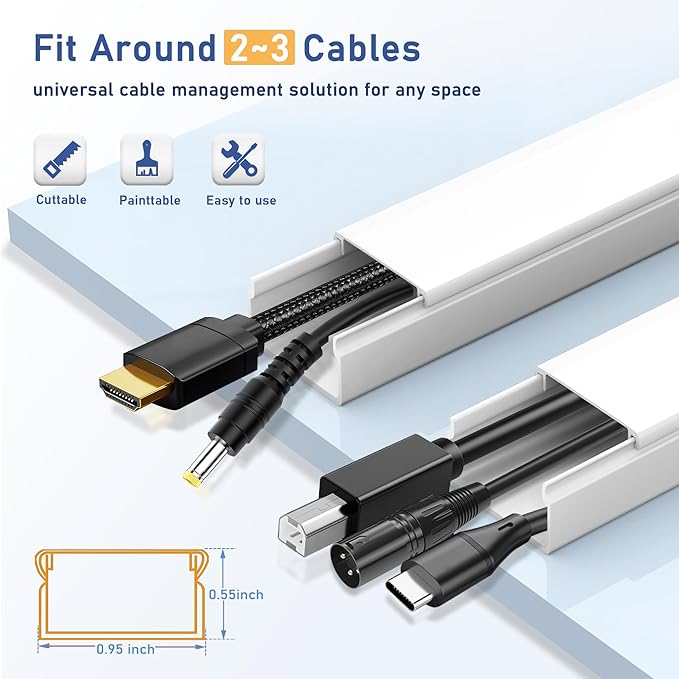 Cord Cover Raceway Kit - 157" Paintable Cable Concealer, Wire Hider for TV Wall Mounting and Wire Management
