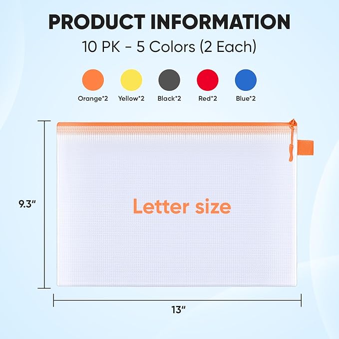 BALEINE 10PK Mesh Zipper Pouch Bags, Waterproof Clear Zipper Bags, Multiple Colors Plastic Mesh Bag File Bag for Organization, Suitable for Office Supplies, Home, Travel (10 PK, Letter Size)