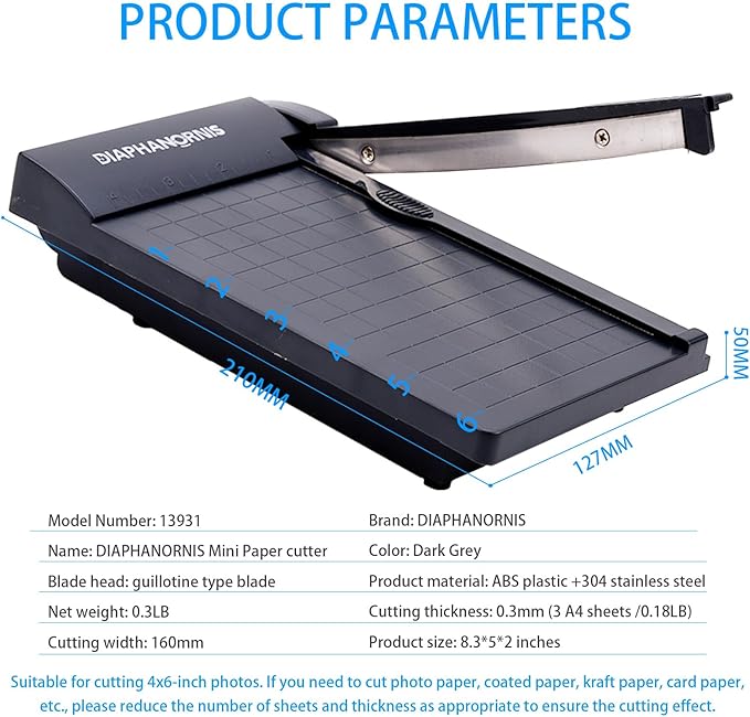 Mini Paper Trimmer,Guillotine Compact Paper Cutter, 1/4-Inch Grid for Precision Cutting, Straight Cuts Up to 3 Sheets, Perfect for Photos,Coupons,Card Making and Small Craft Projects (Grey)