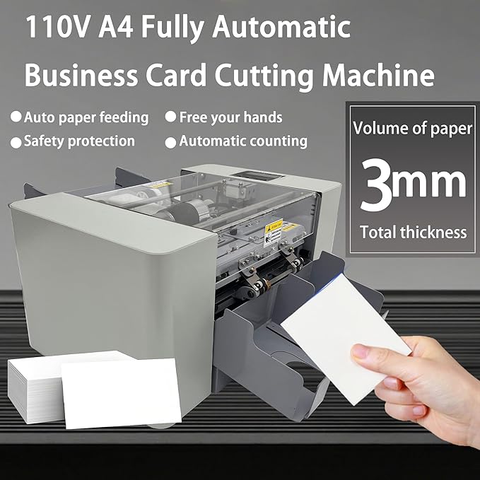 A4 Automatic Business Card Cutter Machine, 110V Electric Card Slitter with Auto Paper Feed, 30 Cards/Min, for 180-350GSM Thick Paper, with Waste Box, Ideal for Printing Shops Office School