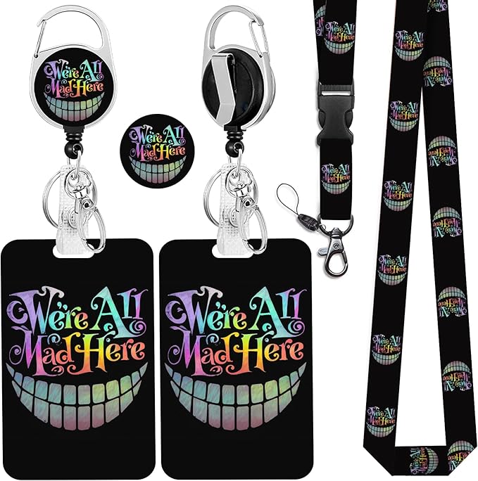 Halloween Lanyard with ID Holder, Alice in Wonderland Cheshire Cat Lanyard for Id Badge,Funny ID Badge Holder with Retractable Badge Reel, Teacher Lanyards with ID Holder Keychain Clip
