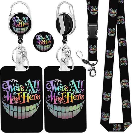 Halloween Lanyard with ID Holder, Alice in Wonderland Cheshire Cat Lanyard for Id Badge,Funny ID Badge Holder with Retractable Badge Reel, Teacher Lanyards with ID Holder Keychain Clip
