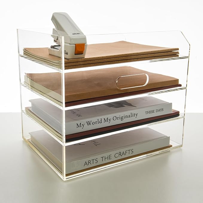 4 Tier Paper Organizer Letter Tray - Acrylic Tray Organizer for Desk, Paper Sorter Organizer for Letter/A4 Office File Folder Holder - Crystal-Clear File Organizer