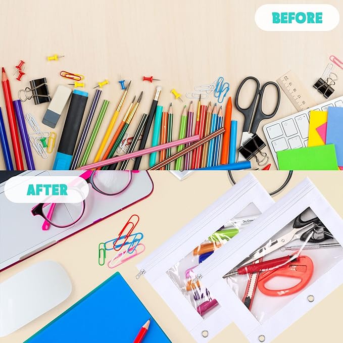 Marspark 30 Packs Pencil Pouch 3 Ring Binder Pen Pouch Cloth Pencil Pouches Zipper Pen Case Bag with Clear Window for School Office Writing Supplies Gifts (White)