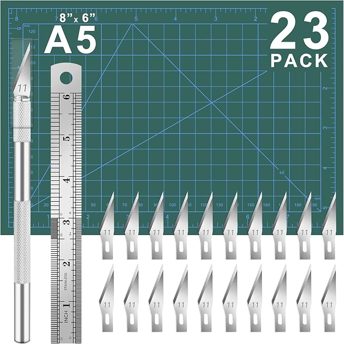 DIYSELF 23 Pack Craft Knife Precision Hobby Knife Kit, 1 Exacto Knife with 20 Spare Art Knife Blades for Art, Scrapbooking, Stencil, 8" x 6" Cutting Mat