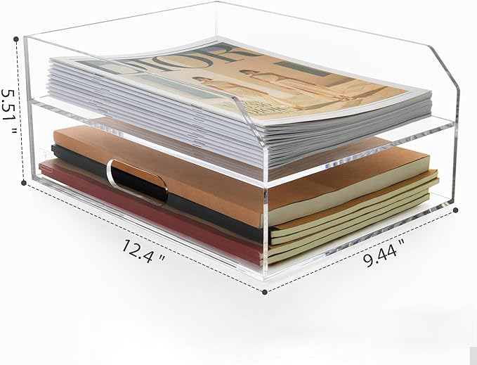 2 Tier Paper Organizer Letter Tray - Acrylic Tray Organizer for Desk, Paper Sorter Organizer for Letter/A4 Office File Folder Holder - Crystal-Clear File Organizer