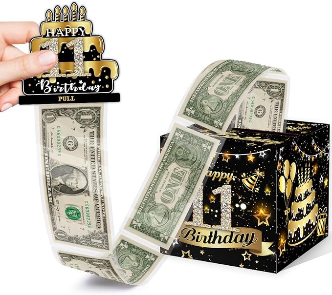 Toerifer 11th Birthday Money Box for Cash, Black/Gold, Unisex, One Size, 5x5x0.1 inches, Pull, Explosion Gift, Party Decor, Includes 35 Bags, Card, Tape, Glue Dots