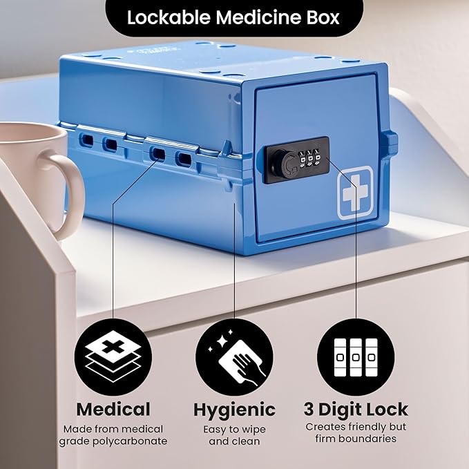 Lockabox Mini™ | Small Medicine Lock Box with Combination Lock (Half Letter Sized) | Mini Medical Lockable Box For Tablets, Creams & Medical Pens | External Size 8.8 x 6.1 x 4.7 Inches (Medi Blue)