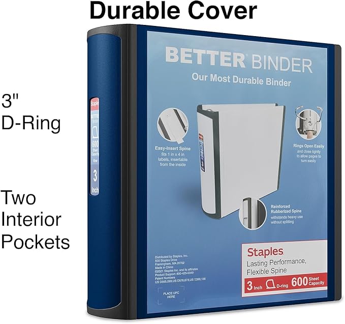 Staples Better Binder, 3-Ring, Reinforced Rubber Spine, 3 Inch D-Ring Binders for Home, Office, School, Holds up to 600-Sheets, Blue