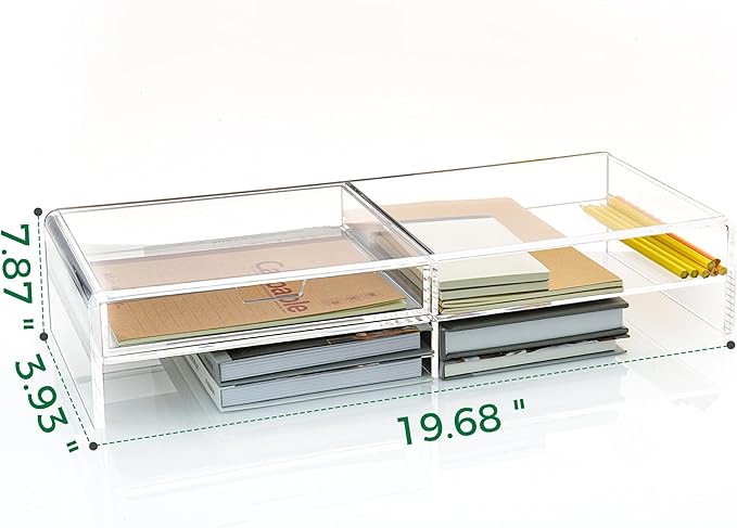 20" Crystal Clear Acrylic Monitor Stand Riser - Fits iMac/Printer/TV, Ergonomic 3" Elevation w/Sliding Drawer Storage, Sleek Desk Organizer for Home Office