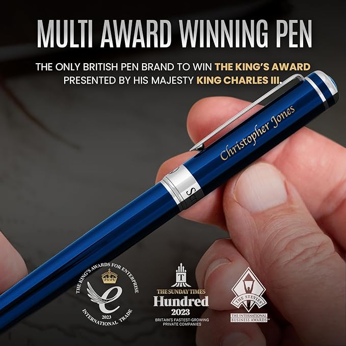 Scriveiner Personalized Midnight Blue Pen - Stunning Blue Lacquer Luxury Pen, Chrome Finish, Schmidt Ink Refill, Best Engraved Roller Ball Gift Set for Men & Women, Custom Name Engraving