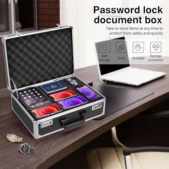 Security Lock Boxes - 14.2 x 9.4 x 4.5 Inch Medium, Portable Locking Storage Totes with Dual Combination Locks, Medicine Lock Box, Lock Boxes for Personal Items, Cash & Briefcase - Black