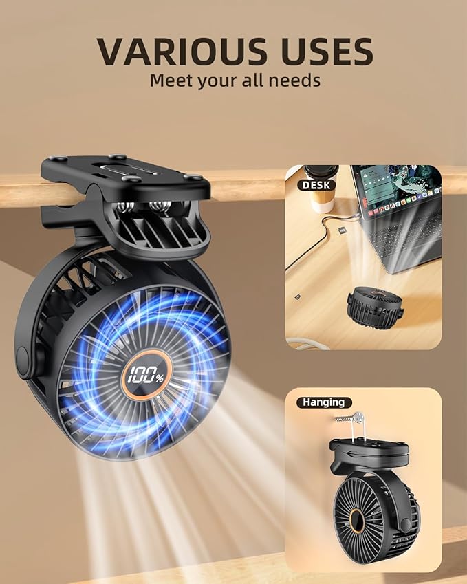 Mini Clip on Fan, Battery Operated Desk Fan, Digital display，3 Speeds Adjustable, Bidirectional 360 ° Adjustable, Super Strong Wind, Portable Fan for Home Office Stroller Camping Black