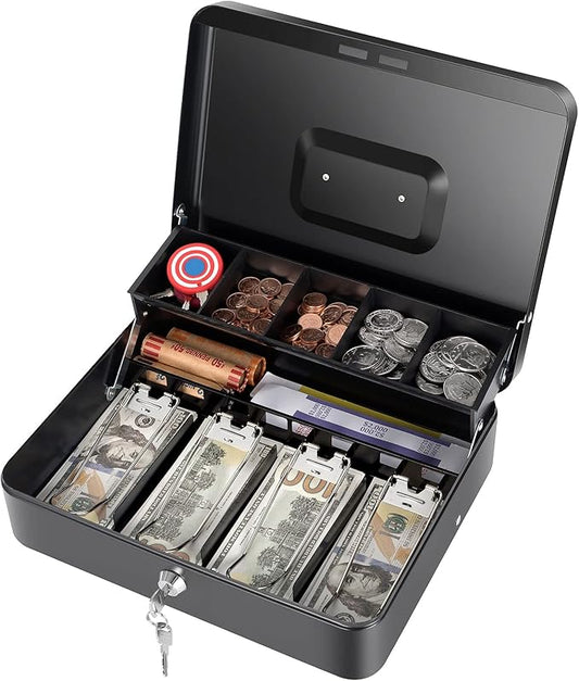 Cash Box with Money Tray and Key Lock, Saving Lock Box with Money Tray Storage for Cash Register 11.8"x9.45"x3.54" Black XL Large