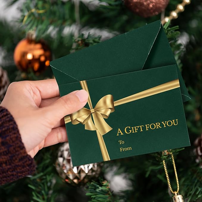 Glenmal 50 Pcs Christmas Mini Gift Card Envelopes with Golden Bow Card Holder Business Envelopes with Gold Ink Pen for Christmas Festival Party Supplies, 2.7 x 3.9''(Green)