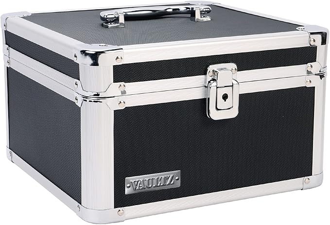 Vaultz Portable Safe Box - 10 x 10 x 6.5 Inch Large Storage Box with Lock, Mesh Pocket & Adjustable Compartments for Cash, Documents and Valuables - Black