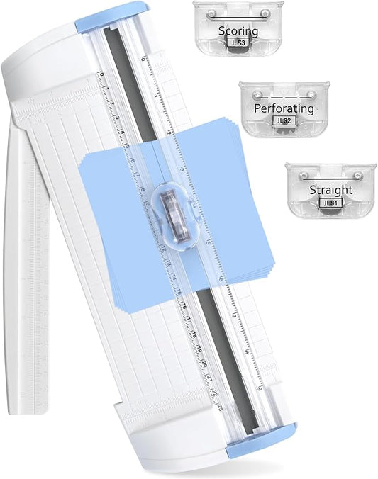 Meafeng 3-in-1 Paper Trimmer with Straight, Scoring & Perforating Blades, 9" A5 Cutter for Crafting, Scrapbooking, Cardstock, Labels & Home Office Use – Compact & Portable (Blue)