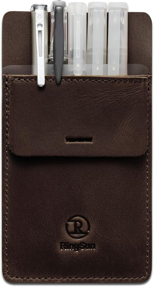 Ringsun Pocket Protector for Men, Full Grain Leather Pen Protect Holder for Heavy Duty Shirts, Lab Coats, Holds Pens, Pointers, Cards, Hold 8 Pens and Pencils, Red Brown