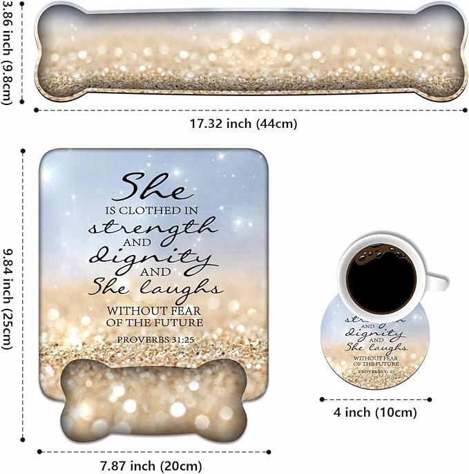 Wrist Rest Support Ergonomic Gel Mouse Pad & Memory Foam Keyboard Set, Non-Slip Rubber PU Base for Home Office Working Studying Easy Typing & Pain Relief - Bible Verses Proverbs 31:25