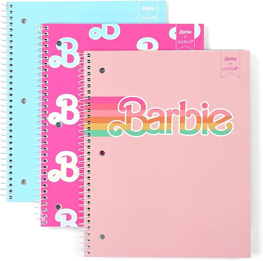 Yoobi Barbie X College Ruled Spiral Notebook Set – 3-Pack of 1 Subject Notebooks, Pink, Blue & Peach Barbie Designs – 100 Perforated 3-Hole Punched Sheets – 10.5” x 8”