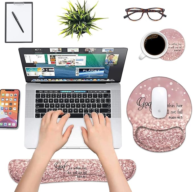 Keyboard Wrist Rest and Mouse Pad Wrist Support Set with Coasters, Quote Bible Verse Psalm 46:5 Wrist Mouse Pad with Non-Slip PU Base for Home Office Working Studying Easy Typing & Pain Relief