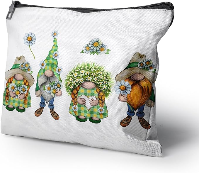 Cafl Watercolor Сhamomile Gnome Makeup Bag Meadow Flowers Gnomes Cosmetic Bag for Women Large Capacity Make Up Bag Portable Travel Toiletry Pouch Organizer 10 * 8inch