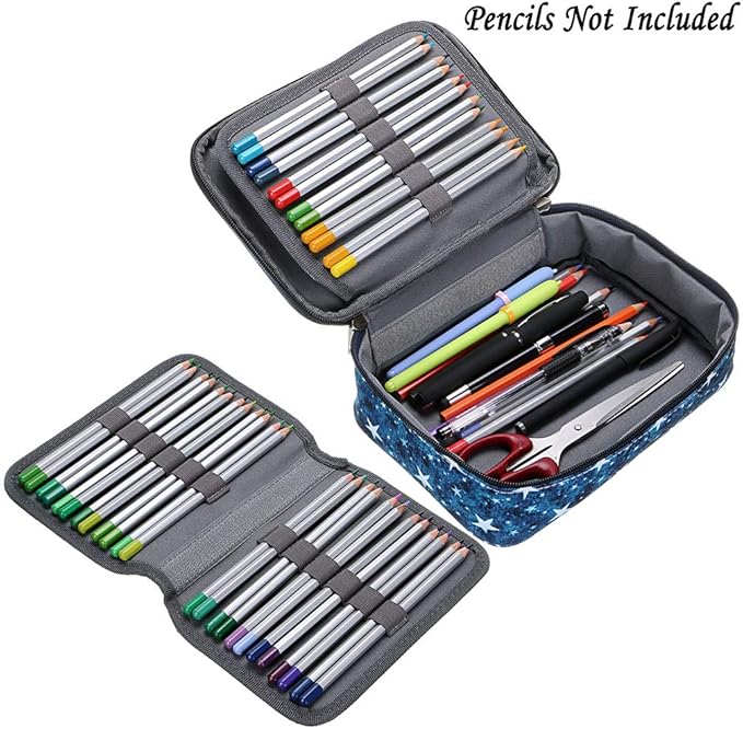 BTSKY Zipper Pens Pencil Case with Pattern-Multi-functional Stationery Pencil Pouch 36 Large Stretchy Slots for 72 Colored Pencils(Star Blue)