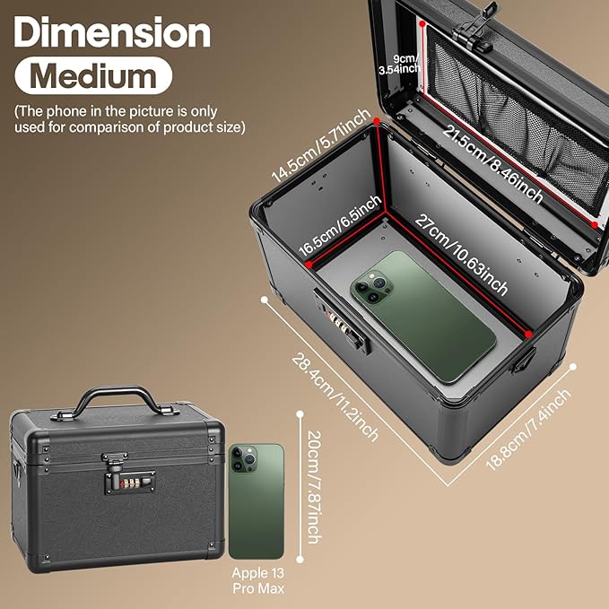 Large Lock Box - Security Combination Lock Box, Locking Storage Case for Personal Items and Medicine, Childproof Lockable Lockbox for Home/Office/School, 11.2x7.4x6.8 Inch, Black