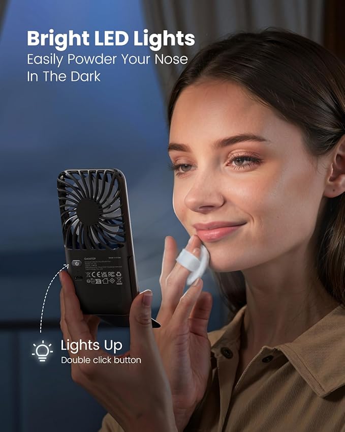 Gaiatop Portable Handheld Fan, 3 Speed LED Makeup Mirror with Light, Folding Stand for Desktop, Rechargeable Mini Personal Fans Small Travel Essentials Gifts for Women Girls