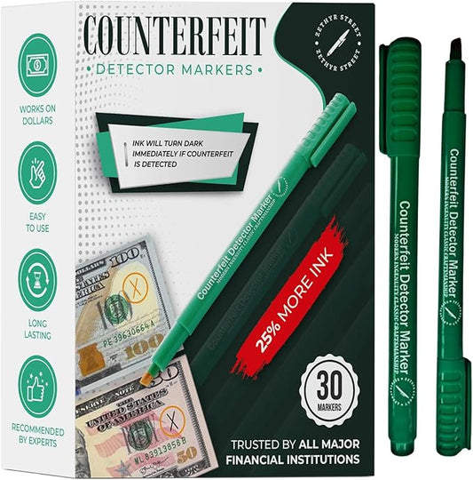 Counterfeit Money Detector Pen - 30 Pack Counterfeit Pen with 25% More Ink, Money Marker Bill Detector Pen for Accurate Currency Validation, Essential Tool for Cash Fraud Prevention
