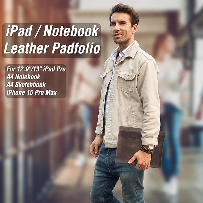 Top Grain Leather 12.9" Padfolio for Men & Women, Handmade, Multi-Functional RFID-Block Business Portfolio Organizer, Fits Credit Cards/Phone/13 iPad Pro/A4 Notebook/Pens, Coffee 12.9 Inch