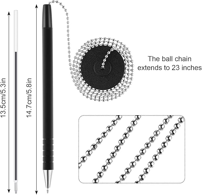 20 Pieces Security Pen Set with Bead Chain and Holder, Desktop Pens with Chains, Blank Ink Refills for Office Bank Supplies