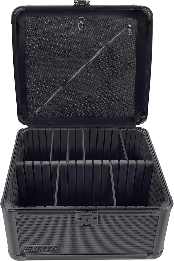 Vaultz Portable Safe Box - 10 x 10 x 6.5 Inch Large Storage Box with Lock, Mesh Pocket & Adjustable Compartments for Cash, Documents and Valuables - Tactical Black