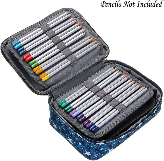 BTSKY Zipper Pens Pencil Case with Pattern-Multi-functional Stationery Pencil Pouch 36 Large Stretchy Slots for 72 Colored Pencils(Star Blue)