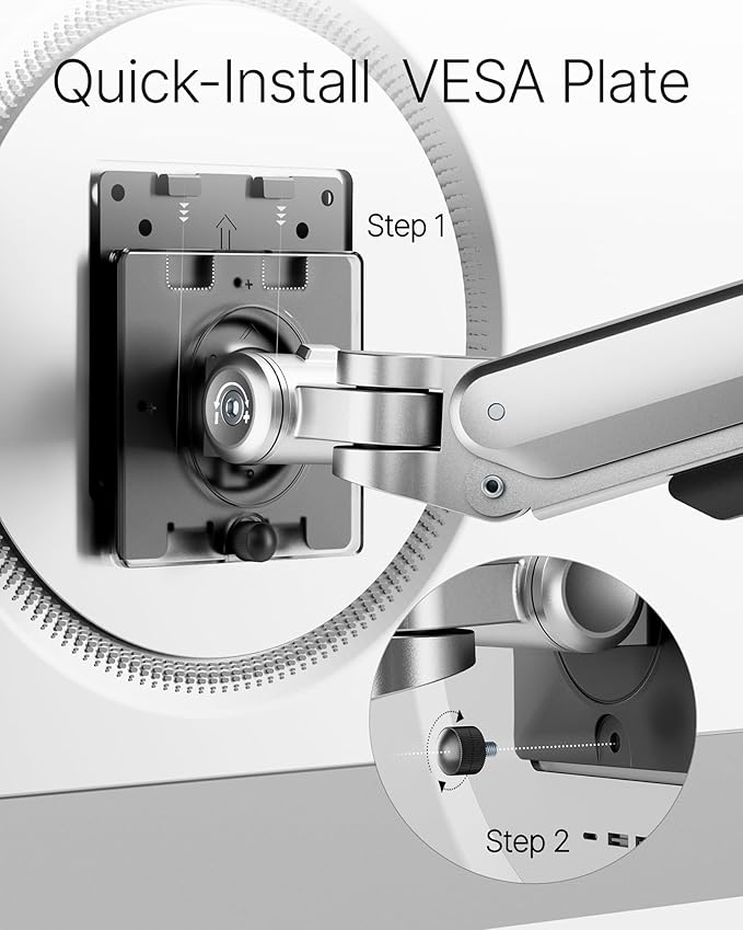 monTEK Deluxe Aluminum Monitor Arm with USB A/C for 17 to 40 Inch Curved Screens Fully Adjustable Single Monitor Arm with Clamp/Grommet, Quick Release Plate, Cable Management, VESA 75/100, MA1008UCSL